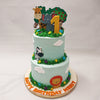 A zebra proudly displays its striking black and white stripes, and mischievous monkeys swing from branch to branch, adding an element of playful charm to this animal birthday cake for kids.