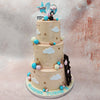 Each tier of this sky cake comes in a beautiful peach shade, the colour of a magical sunset, embellished with clouds, silver pearls and colourful baubles. 