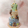 This 3 tier toy cake design comprises pastel shades of green, peach and blue for each tier