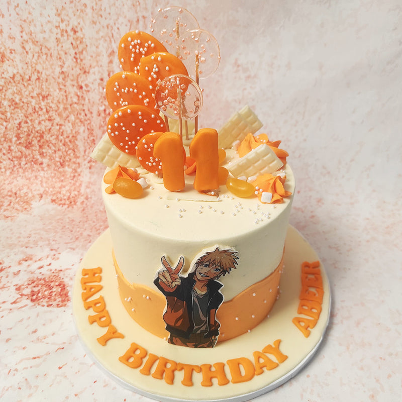 At the forefront, a detailed edible image of a beloved anime character, flashing a peace sign, stands as the Anime Theme Cake's centrepiece, symbolising the triumphs and challenges that resonate with fans of these animated tales. 