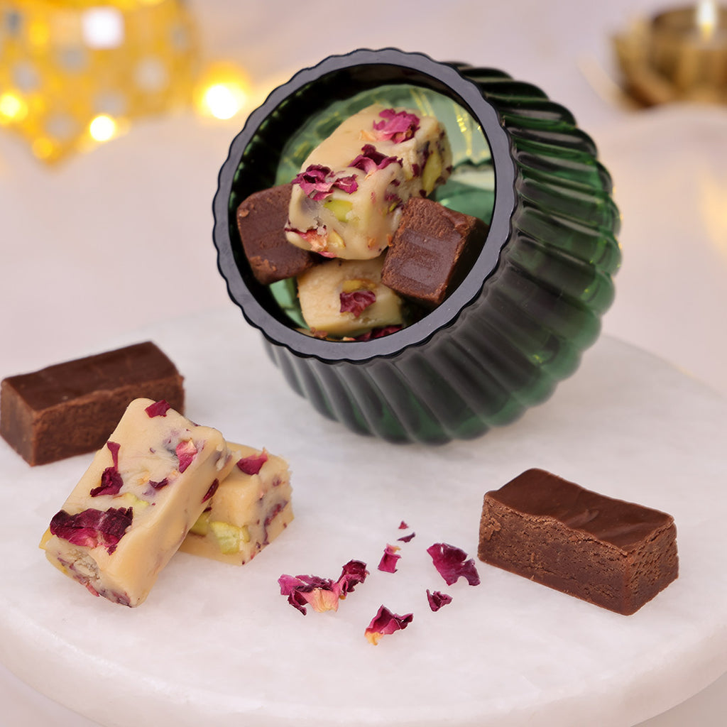Assorted fudge for Diwali gifting, with rose petal pistachio and chocolate flavors