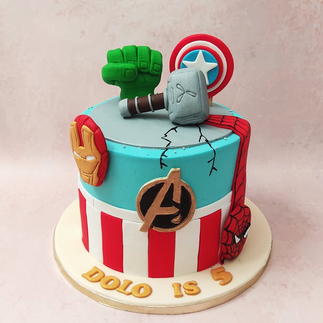 A two-tier superheroes Avengers theme chocolate cake for my nephew. | Cake,  Avenger cake, Character cakes