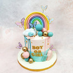 Purple and gold butterflies with lavender-tinted wings flutter gracefully around the Rainbow Drip Baby Shower Cake.