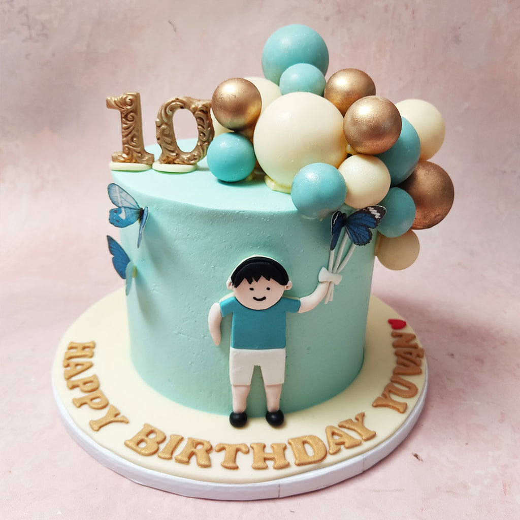 Let's talk about the balloons! Symbolising joy, freedom, and endless possibilities, these buoyant orbs capture the essence of childhood wonder on this Boy Cake With Butterflies. 
