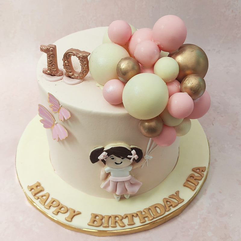 The lustrous gold colours of the balloons on this balloons theme birthday cake for girls accent the neutral tones while the pink and white balloons compliment it. 