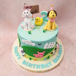 This heart-warming cat and dog cake is adorned with 3D miniature models of a dog, cat, and duckling on top, bringing the farmyard to life in the most adorable way possible.