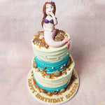 Golden clamshells, starfish, and an array of treasures adorn the underwater wonder that is this Mermaid Beach Cake 