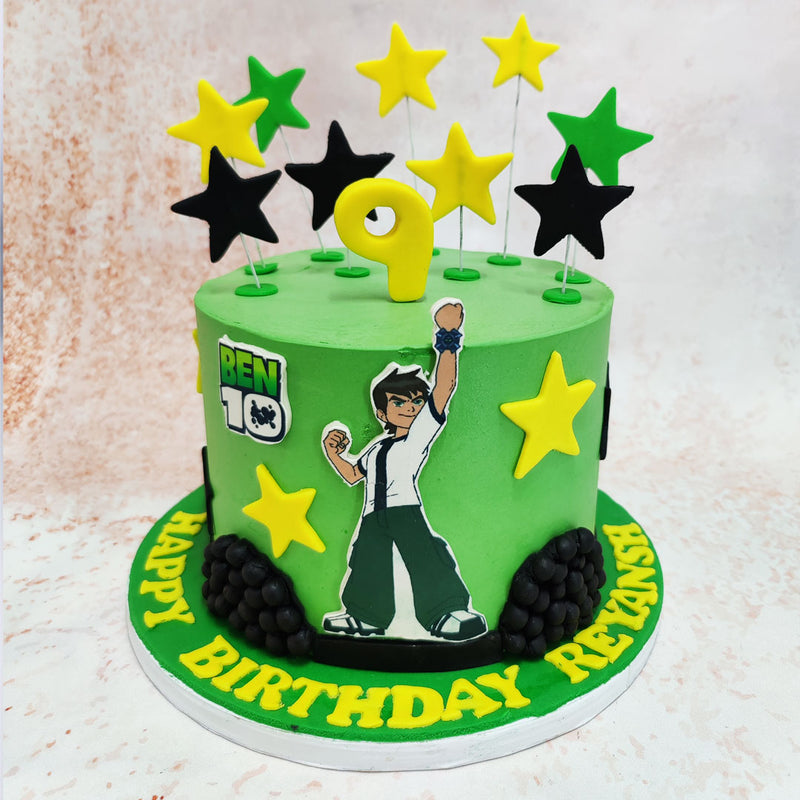 The bold green backdrop of this Ben 10 Cake perfectly captures the essence of the famous alien-fighting hero, with the lively character himself taking centre stage, ready for action. 