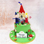 The centrepiece of this Ben and Holly’s Little Kingdom Cake showcases Ben Elf in his characteristic blue outfit and hat, alongside Princess Holly in her signature red dress and golden crown, both expertly crafted with their trademark friendly expressions and charming details.