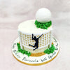 The focal point of this Volley Cake is a bold edible silhouette mid-jump—arms raised, ready for action—set against a 3D volleyball net that wraps around the front with clean, crisp tension. 