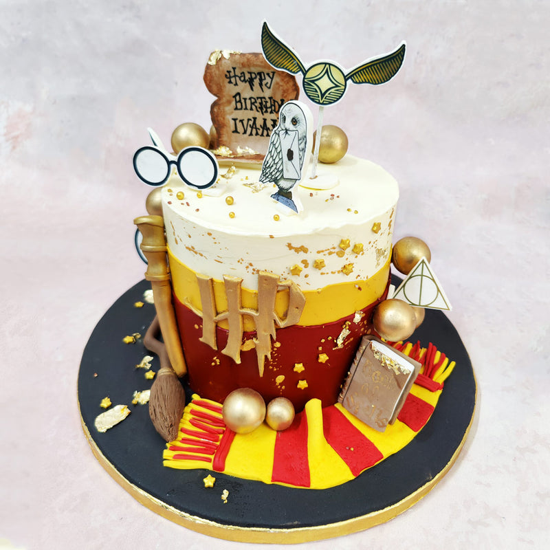 A rich maroon and gold colour palette sets the stage, adorned with iconic motifs like the Golden Snitch, Hedwig, Harry’s glasses, and Platform 9¾.