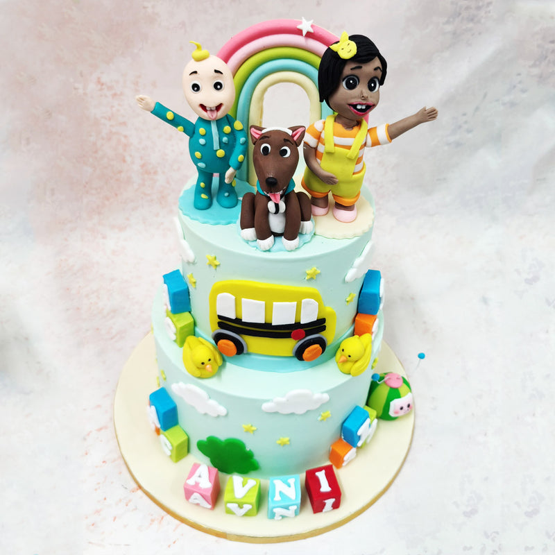 The sides of this entertaining Birthday Cake For Kids feature a yellow school bus that's definitely more fun than your average morning commute, while fluffy white clouds and stars (no divas here - they all share equal billing) float across the peaceful sky-blue tiers. 