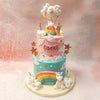 This Unicorn Cloud Cake features a dreamy colour palette with layers of soft pink and sky blue, adorned with delicate clouds and golden stars, adding an ethereal touch to the overall design.