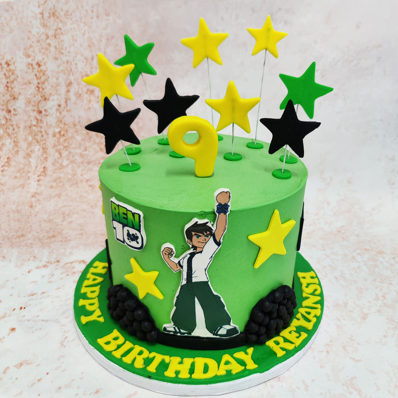 This Cartoon Theme Cake features decoration that is a visual feast, with bright yellow and green stars shooting up from the top, symbolising the cosmic adventures that Ben embarks on.