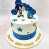 Blue fondant stars scattered across this Birthday Cake For Kids and add a touch of playful charm, while the round fondant cut-outs resembling the power-up rings hint at the thrills of the classic video game.