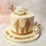 This elegant Family Photo Cake is centred around a delicate white base, meticulously adorned with golden accents that exude a sense of timeless grace. 