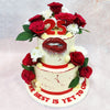The cream-coloured backdrop of this, Birthday Cake For Him / Birthday Cake For Her subtly splattered with crimson accents, evokes the artistic flair of a masterpiece, making it a showstopper for any grand occasion. 