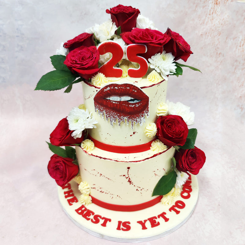 The cream-coloured backdrop of this, Birthday Cake For Him / Birthday Cake For Her subtly splattered with crimson accents, evokes the artistic flair of a masterpiece, making it a showstopper for any grand occasion. 