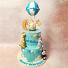 As you gaze upon the whimsical tiers of this Celestial Cake, adorned with tiny golden stars twinkling like celestial gems, and delicate blue and white banner flags fluttering in the breeze, you'll be transported to a world of wonder and delight. 