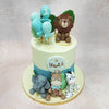 At the heart of this Jungle Animal Cake are adorable animal figurines, each resembling a cuddly stuffed toy. 