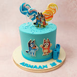This Bluey theme cake also features colourful lollipops on top, a blue ribbon around the bottom and some sprinkles to garnish. It's supposed to capture the essence of the enthusiastic and imaginative Bluey in both design and flavour.
