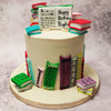 This cake for book lovers boasts an off-white base, reminiscent of well-thumbed pages filled with captivating stories waiting to be discovered.