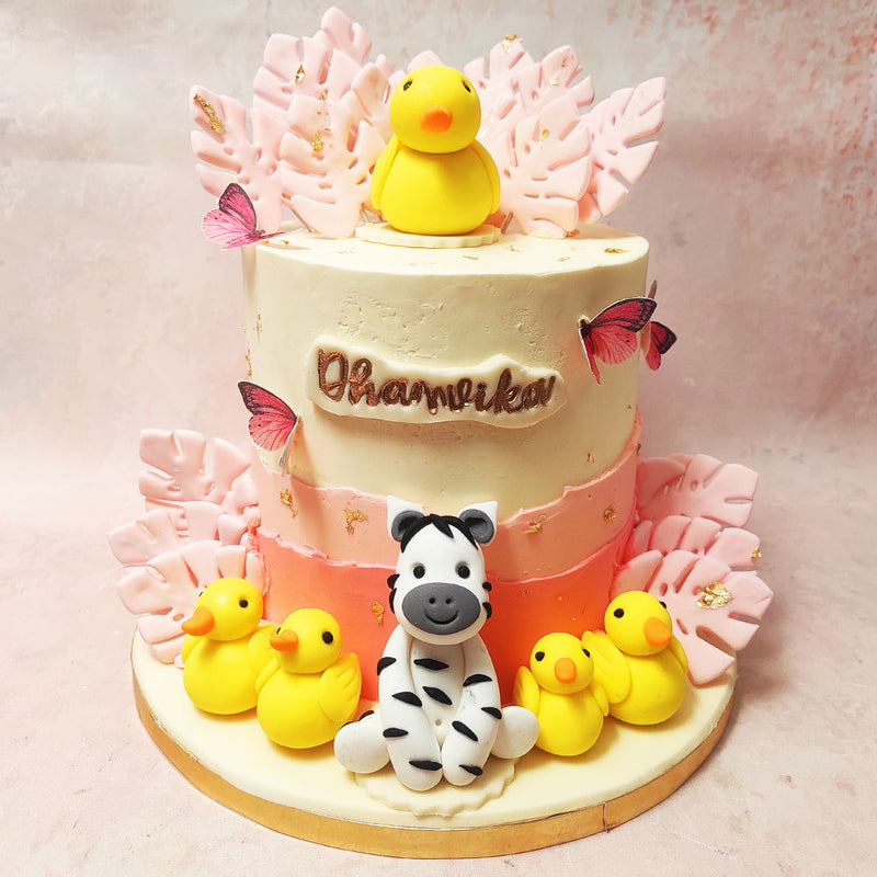 Picture a pristine white canvas for this Duck Cake, adorned with two fault lines that tell tales of life's vibrant paths in dark pink and delicate trails in light pink. 