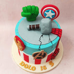 The Avengers logo prominently displayed on this Captain America Shield cake, uniting all these incredible heroes in one epic creation.