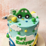 The visual appeal of this Car Theme Cloud Cake is further enhanced by the scattering of stars and soft, billowy clouds that add a touch of dreaminess to the design. 