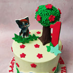 At the pinnacle of this cat theme cake, a whimsical tree figurine stands tall, donned in the same lively flowers, adding a burst of colour to the delightful creation.