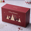 Red Christmas-themed gift box with festive design on a snowy background