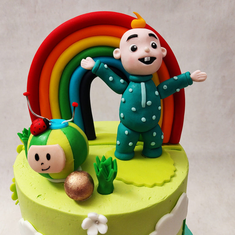 Spot sunflowers, building blocks, tall green grass, gold baubles and a rainbow ornamenting this cartoon theme cake and bringing the world of the show to life. 