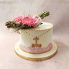 On top of this Communion Cake With Flowers, a celestial rosary, crafted with the same gold pearls, leads to a central gold cross. 