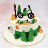 At the heart of this Cycle Theme Cake stands a sleek green bicycle, poised as if ready for a scenic ride through the countryside. 