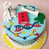 At the summit of this DNA Cake rests a red book on DNA, standing alongside the symbolic representation of the DNA structure, creating a visually engaging narrative of scientific wonder.