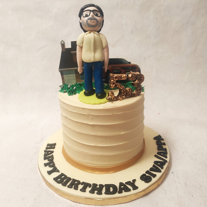 A figurine of dad, home and car rests on top of this father theme cake making this design perfect as a birthday cake for dad by showcasing everything that's close to his heart.