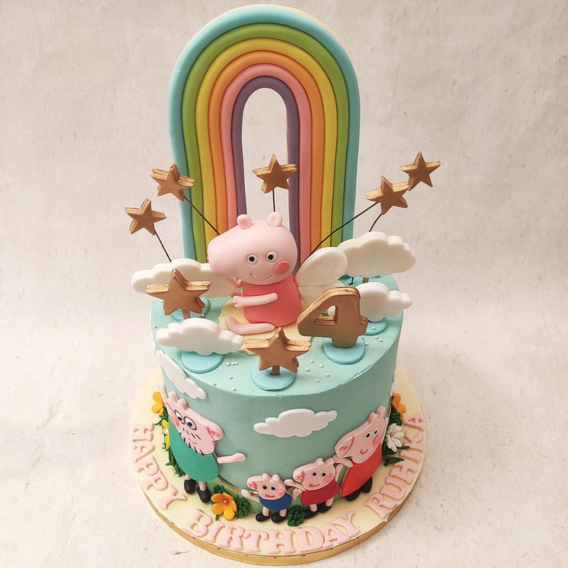 Just like in the show, Daddy Pig is wearing his signature green shirt and glasses, while Mummy Pig is elegantly dressed in her pink outfit and George, Peppa's little brother can be spotted playing on this Peppa and Geoge birthday cake for kids too. 