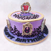 This Descendants birthday cake for kids features a magical purple base with intricate black buttercream vines ornamenting it. A framed picture of all four descendents: Carlos, Jay, Evie and Mal embellished the circumference of this Disney theme cake design. 