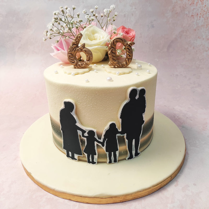 As if plucked from a cherished family portrait, a silhouette of a loving family takes centre stage on this Family Theme Cake. 