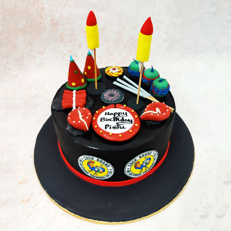 Adorned with playful replicas of firecrackers, rockets, and party hats, this Fireworks Theme Cake is a dynamic tribute to the joy of celebrations.