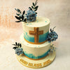 This Ombre First Holy Communion Cake features an exquisite watercolour effect in soothing shades of blue, seamlessly blending into the pristine white base. 