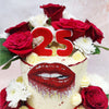 Surrounding the tiers of this Floral Kisses Cake are vivid red and white chrysanthemums , signifying love, beauty, and new beginning.