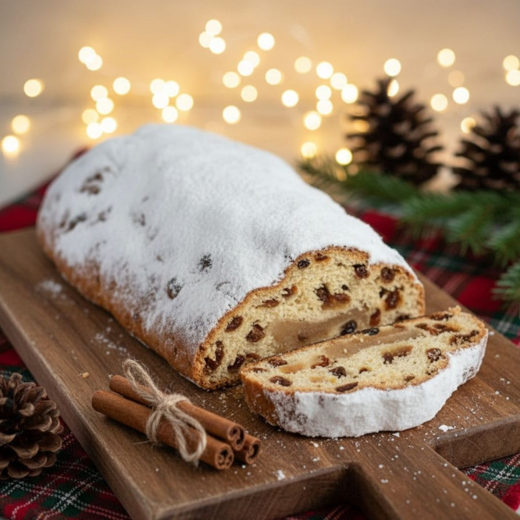 Authentic German Marzipan Stollen Bread sliced, showing rich fruit and the almond marzipan center, dusted with powdered sugar.