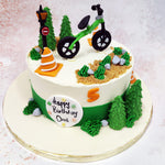 In keeping with the outdoor theme, trees, traffic cones and a classic street lamp add a touch of urban charm to the scene on this Green Cyclist Cake, evoking a balance between wilderness and city life. 