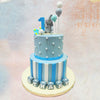 This Grey Elephant Theme Cake brings childlike wonder to life, while the baby blue striped design creates a sophisticated yet playful foundation for a memorable first celebration. 