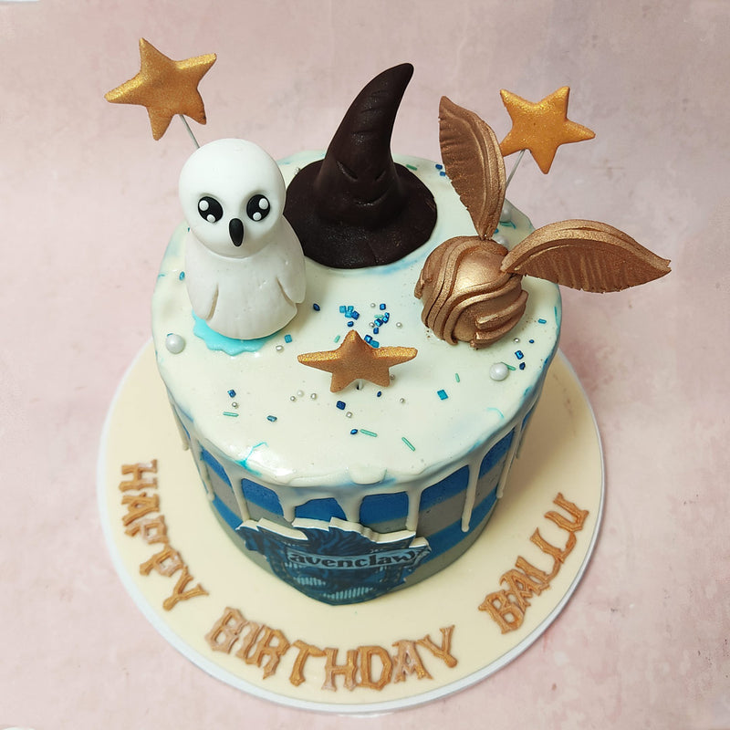 As you gaze upon this Hedwig cake design you’ll notice a cascade of white drip frosting gracefully flowing down the sides.
