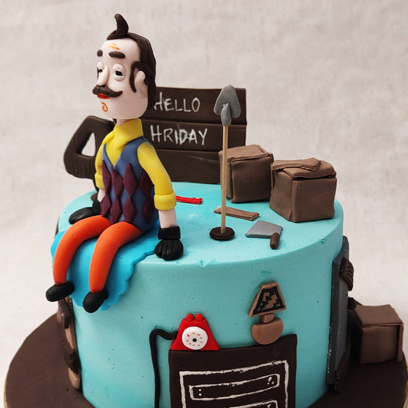  Seated on top of this Hello Neighbor cake is Theodore Masters Peterson, also known as The Neighbor. 