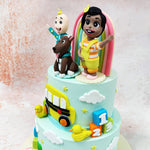 The star attractions of this whimsical JJ Cocomelon Cake include our dynamic duo and their four-legged friend Bingo (who's clearly been a very good boy), all hanging out under a rainbow that's brighter than a toddler's future YouTube career.