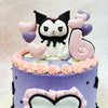 The delicate pink and purple heart-shaped balloons and sweet ruffled details surrounding the base of this Kuromi  Hello Kitty Cake add a playful, dreamy touch to the overall design.