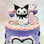 The delicate pink and purple heart-shaped balloons and sweet ruffled details surrounding the base of this Kuromi  Hello Kitty Cake add a playful, dreamy touch to the overall design.